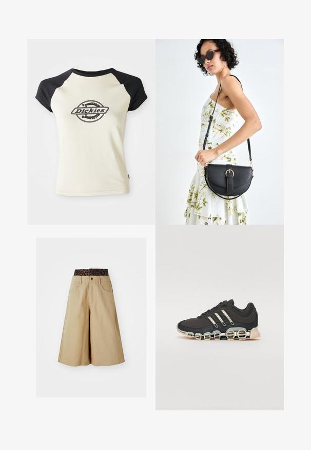 Kreminė marškinė su juodais raglan rankovėmis, kuriuose yra apvalus logotipas su žodžiais "Dickies" centre, prieš baltą foną.; Kaki šortai su plačių kojų dizainu ir leopardine juostos juosta. Yra priekiniai kišeniai ir mygtuko užsegimas. Lygus, tekstūruotas audinys.; Juodos sportinės avalynės su tekstūruotu viršumi, trimis sidabro juostomis ir išskirtiniu amortizuojančiu padu, turinčiu kelias integruotas dalis.; Juodas odinis krepšys su išlenkta forma, nuimamu dirželiu ir auksiniais detalėmis. Krepšys turi kilpą su sagtimi.