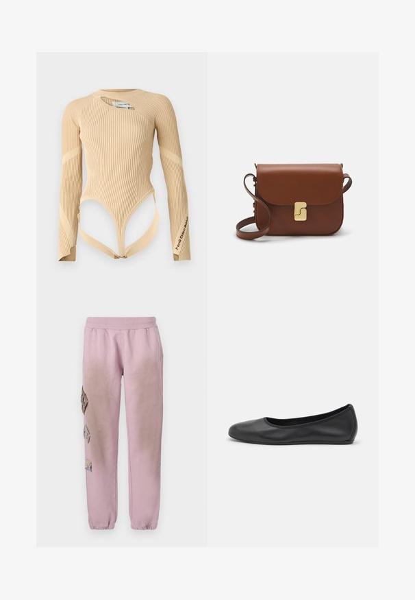 Feng Chen Wang DECONSTRUCTED LOGO - Ilgarankovis viršutinės dalies drabužis - beige; Rožinės sportinės kelnės su elastinga juosta, kairėje pusėje dekoruotos rombo formos aplikacijomis ir elastingais užkulniais.; Juodai odiniai baletai su apvaliu pirštu, lygi texture, minimalus siuvimo detales ir lanksčiu padų dizainu.; Ruda odinė rankinė su uždaromu dangteliu, aukso spalvos detalėmis, petneša ir lygiu paviršiumi. Kompaktiška stačiakampio formos.