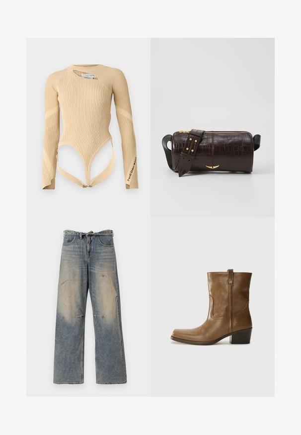 Feng Chen Wang DECONSTRUCTED LOGO - Hosszú ujjú felső - beige; Világoskék farmernadrág, laza, egyenes szabással. Serteszálas, kopott és szakadt részletek jellemzik a térd környékén. Klasszikus öt zsebes stílus.; Barna bőrből készült bokacsizma négyzet alakú orral, texturált felülettel és alacsony, rakott sarkával. Hátsó húzófüllel és finom varrási részletekkel rendelkezik.; Barna krokodilbőr hatású bőr táska henger alakú, arany tónusú fémveretekkel és lecsatolható, szegecsekkel díszített pánttal.