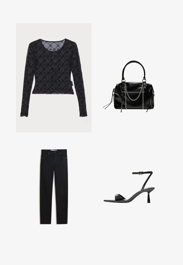 Fekete, hosszú ujjú felső átlátszó, texturált anyagból, kiemelkedő virágmintával és kerek nyakkivágással, fodros szegéllyel.; Fekete farmernadrág egyenes szárú fazonnal, öt zsebbel, fémből készült gombzárral és diszkrét varrási részletekkel. Sima textura.; Bershka Magas sarkú szandálok - black; Bershka WITH CHAIN - Kézitáska - black