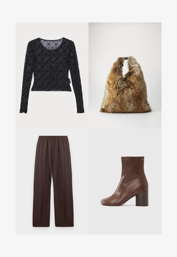 Melna garām piedurknēm augšdaļa, izgatavota no caurspīdīga, teksturēta auduma, ar izvirzītu ziedu rakstu un apaļu kakla izgriezumu ar viļņotu maliņu.; Brūni platā kāju bikses ar elastīgu jostu un smalkām priekšējām krokām, izstādītas plakani uz baltā fona.; Brūni ādas zābaki līdz potītēm ar gludu tekstūru, kvadrātveida purngalu un izturīgu koka papēdi, ar vienkāršu rāvējslēdzēju sānos.; Brūna un pelēka mākslīgā kažokādas sieviešu somiņa ar īsām melnām rokturiem, stāvot vertikāli uz vienkārša balta fona.