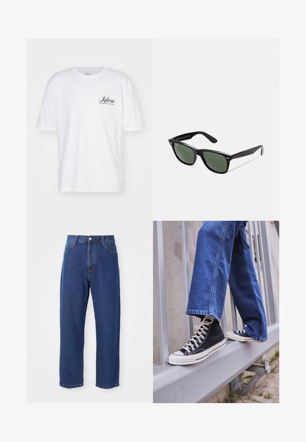 Bílý bavlněný tričko s krátkými rukávy a kulatým výstřihem. Na levé straně hrudi je černý kurzivní nápis "Inferno". Hladký materiál.; Džíny s vysokým pasem v modré barvě vyrobené z denimu, s rovnou siluetou nohou, viditelným prošíváním a předním zapínáním na knoflík.; Černé vysoké tenisky s bílou podrážkou a tkaničkami, v kombinaci s volnými modrými džíny, odpočívající na šedém zábradlí.; Černé plastové sluneční brýle se zelenými skly, čtvercové obroučky, stříbrný detail na obočí a texturované stranice. Značka uvedená na vnitřní straně stranic.