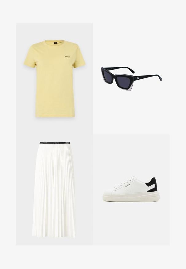 Žluté bavlněné tričko s kulatým výstřihem, krátkými rukávy a malým tmavě šedým logem "BOSS" na levé straně hrudníku. Hladká textura.; Záhybová bílá sukně s černým elastickým pasem s logem "LACOSTE". Suška je střední délky a má jemnou texturu.; Bílé kožené tenisky s tlustou bílou podrážkou, černým semišovým akcentem na patě a vyraženým logem na boku. Šněrovací design se šesti očka.; Černé oversized sluneční brýle geometrického tvaru, s tmavými skly a kontrastním šedým detailem na rámu. Logo na rameni.