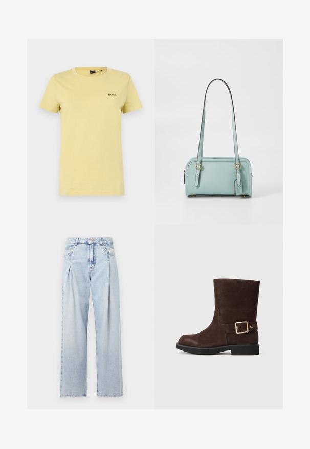 Sárga pamut póló kerek nyakkivágással, rövid ujjakkal és egy kis sötétszürke "BOSS" logóval a bal mellen. Simaság jellemzi.; Világoskék farmernadrág magas derekú, bő szabású, két oldalsó zsebbel és pliszírozott dizájnnal. Puha tapintású, elhalványított felület.; Barna velúr bokacsizma, lekerekített orral, lapos fekete talppal és arany csat kiegészítéssel az oldalon. Sima textúra és egyszerű dizájn.; COACH SWING ZIP BAG 20 - Kézitáska - light blue