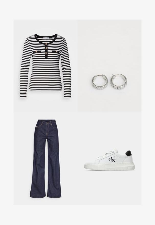 Melna un baltā svītrainā krekla ar garām piedurknēm, apaļu kakla izgriezumu, ar pogu apdari un divām melnām krūšu kabatām.; Tumši zili platleņķa džinsi no denima auduma ar augstu jostasvietu, ar oranžām šuvēm, piecu kabatu dizainu un pogu aizdari.; Baltā zema topa sporta apavas ar melnu papēža cilni, platformas zoli, auklēm un Calvin Klein "CK" logo sānos.; Sudraba gredzena auskari ar faktūras dizainu, kas ietver vertikālas rievas. Apaļa forma ar drošu aizdari. Gluda apdare.