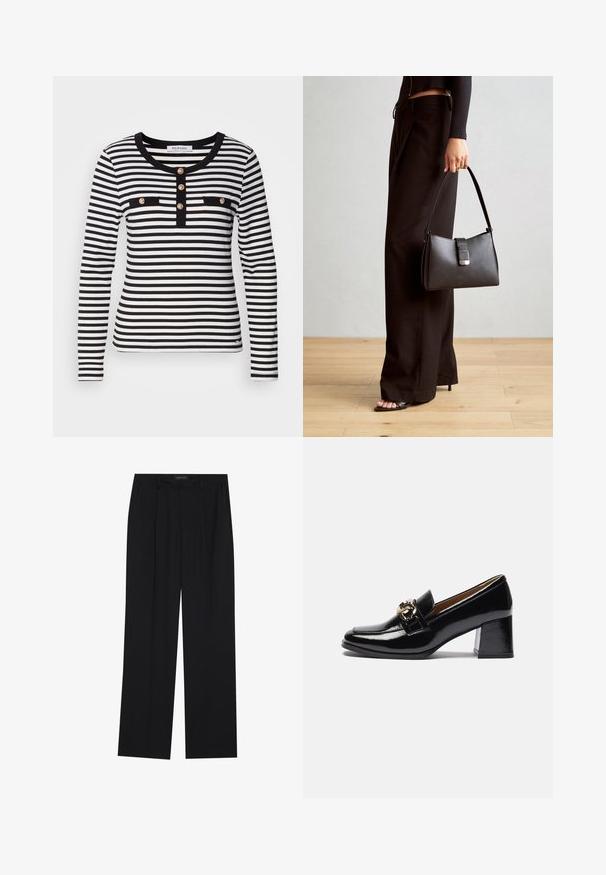 Langermet stripete topp i svart og hvitt med rund hals, med en knappeplacket og to svarte brystlommer.; Sorte bukser med rette ben, som har to frontlommer og en talje. Laget av et glatt, lett stoff.; Svarte lakkloafers med hæl som har rund tå, kraftigere hæl og en gulldetalj på frontreimen.; Svart håndveske med strukturert form, jevn tekstur og metallisk lås. Kombinert med brede svarte bukser og sandaler med åpen tå på tregulv.