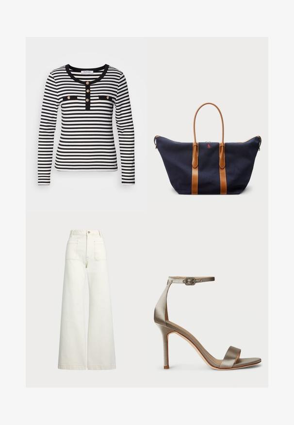 Melna un baltā svītrainā krekla ar garām piedurknēm, apaļu kakla izgriezumu, ar pogu apdari un divām melnām krūšu kabatām.; Platās kājas džinsi off-white denima. Augsta jostasvieta ar pogu aizdari, divas priekšējās kabatas un kontrastējošas šuvju detaļas.; Satin augstpapēžu sandales sudraba krāsā ar potītes siksniņu, kurai ir dekoratīvs sprādzes elements. Atvērta purngala un slaids, elegants dizains.; Jūras krāsas kanvas sporta soma ar brūnu ādas siksnām, ar rāvējslēdzēju slēgšanu un mazu sarkanu logotipa detaļu priekšpusē, ar plašu un ietilpīgu dizainu.