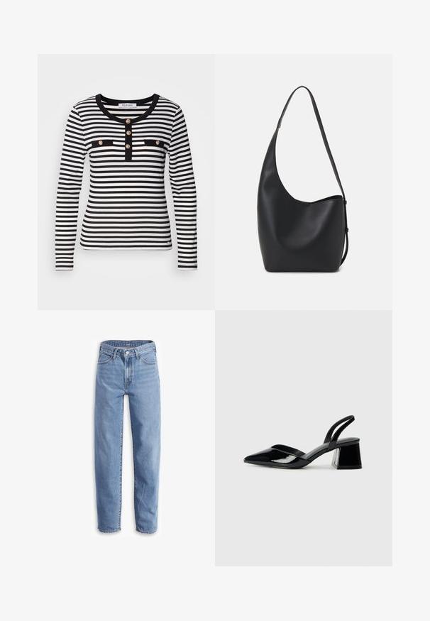 Mustaga ja valge triibuline pikavarseline pluus ümmarguse kaelusega, millel on nupuga klapp ja kaks musta rinna taskut.; Heledad sinised teksad, mis on valmistatud denimist, lõdva istuvuse, sirgete sääreosade, viie tasku disaini ning kulunud äärtega, et saavutada rahulik välimus.; Mustad musta lakknahk kingad, millel on terav varvas ja geomeetriline plokkkonts. Omab elegantselt minimalistlikku disaini ja sujuvat tekstuuri.; Mustast nahast hobo kott, millel on sile tekstuur, kumer kuju ja üks reguleeritav rihm; peal on lai avaus.