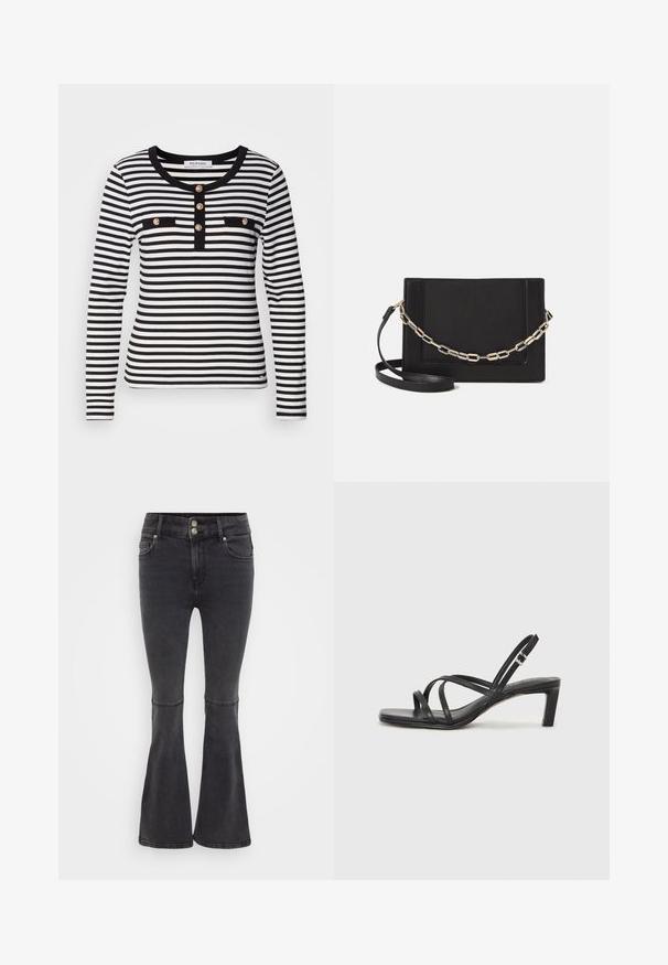 Dugih rukava prugasti top u crnoj i bijeloj boji s okruglim izrezom, koji sadrži dugmad i dva crna džepa na prsima.; Crne trapez hlače od denima, s visokim strukom, dvostrukim zatvaranjem na dugmad i prednjim džepovima s urednim rubom.; Crne sandale s trakama, kvadratnim prstom i niskom blok petom. Ima više tankih trakica i podesivu trakicu oko gležnja. Izrađene su od glatke kože.; Crna kožna torba preko tijela s glatkom teksturom, pravokutnim oblikom i metalnim lancem na prednjoj strani. Uključena je podesiva naramenica.