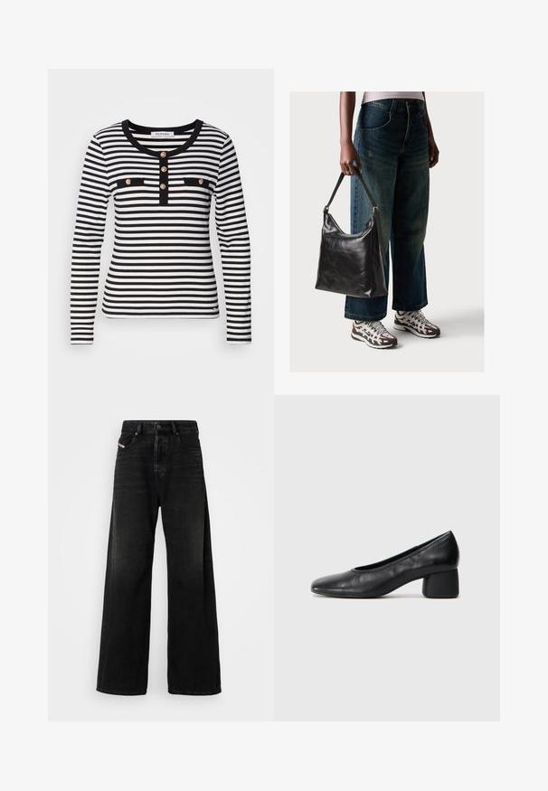 Melna un baltā svītrainā krekla ar garām piedurknēm, apaļu kakla izgriezumu, ar pogu apdari un divām melnām krūšu kabatām.; Plati melni džinsi ar augstu jostasvietu, ar pogu aizdari, priekšējiem kabatām un izbalējušu tekstūru.; Melna ādas kurpe ar noapaļotu purngalu un vidēja izmēra blokkāju. Gluda tekstūra ar minimāliem dekoriem, ar delikātu elastīgu atveri.; Melna ādas pleca soma ar gludu tekstūru un regulējamu siksnu, saskaņota ar izbalējušām platām biksēm un sportiskām kedām.