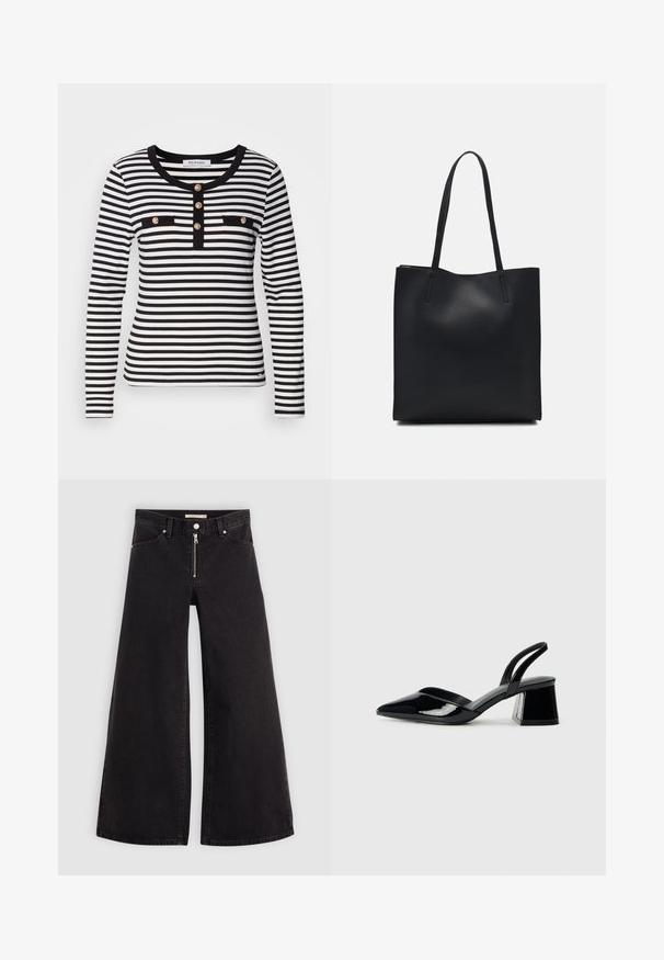 Long-sleeve striped top in black and white with a round neckline, featuring a buttoned placket and two black chest pockets.; Wide-leg jeans in black denim with a zippered front, five-pocket design, and subtle stitching details. Smooth texture and casual style.; Black patent leather slingback heels with a pointed toe and a geometric block heel. Features a sleek, minimal design and smooth texture.; Black leather tote bag with smooth texture, rectangular shape, and two long handles. No visible hardware or embellishments.