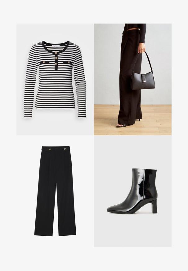 Langærmet stribet blouse i sort og hvid med rund halsudskæring, der har en knaplukning og to sorte brystlommer.; Sorte vide bukser med høj talje, knapdetaljer på taljebåndet og frontfald.; Sort lakeret ankelstøvle med spids tå og en midt-højde blokhæl. Glat tekstur og minimalistisk design.; Sort håndtaske med struktureret form, glat overflade og metalspænde. Sammen med brede sorte bukser og sandaler med åben tå på trægulv.