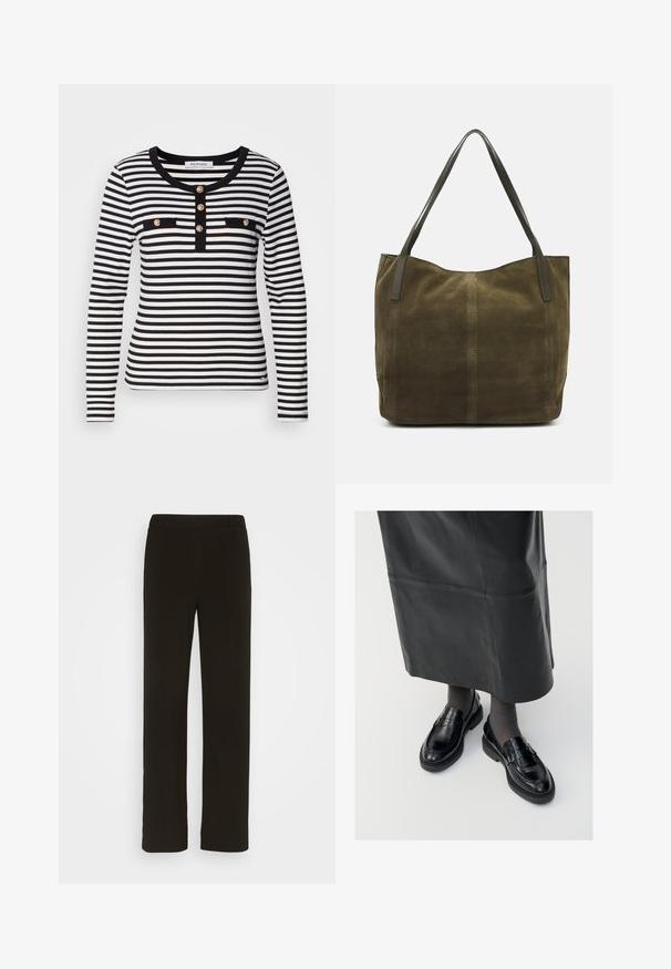 Langærmet stribet blouse i sort og hvid med rund halsudskæring, der har en knaplukning og to sorte brystlommer.; Sorte, lige bukser lavet af vævet stof, med flad front, to sidelommer og en glat tekstur. Ingen synlige mønstre eller accenter.; Sorte læder loafers med en glat finish, prydet med en dekorativ rem, rund tå og tekstureret sål. Båret med en lang sort læderskirt.; Olivengrøn suedetote med to læderhåndtag, blød tekstur, syet detalje ned langs midten og åbent topdesign.; Sølv hoop øreringe med en glat, poleret overflade. Rund form og sikker klik-lukning. Letvægtsdesign, der er velegnet til hverdagsbrug.