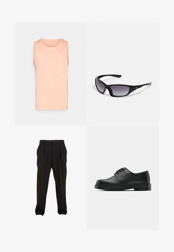 Lys ferskenfarget ermeløs tank topp laget av myk stoff; har en rund hals og en liten logo på øvre venstre brystområde.; Sorte bukser med et glat stof, der har frontplisseringer, en knap i taljen og tapered ankler. Klassisk skræddersyet silhuet.; Svarte lær oxford-sko med snøring, rund tå, flat gummisåle og diskret sømdetalj langs overflaten.; Sorte solbriller med et elegant, vinklet design. Har gradient grå linser og preget logo på stangen. Laget av plastmateriale.
