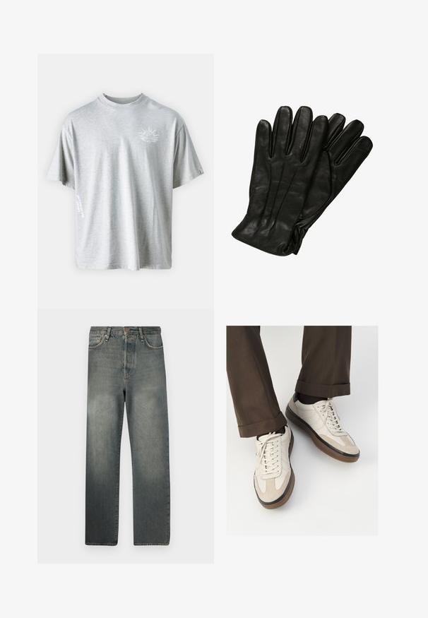 Replay M9Z1 T-SHIRT - Apdrukāts T-krekls - ash grey; Jack & Jones JJIALEX JJCOOPER - Plati džinsi - black denim; Beidzī lasi ar strukturētu zamšādu priekšpusi, gludiem ādas sāniem un brūnu gumijas zoli. Iekļauti auklas un viegla šuvuma detaļas.; Melna ādas cimdi ar gludu faktūru, piecām pirkstiem un delikātiem izšuvumiem. Klasisks dizains, piemērots aukstam laikam.