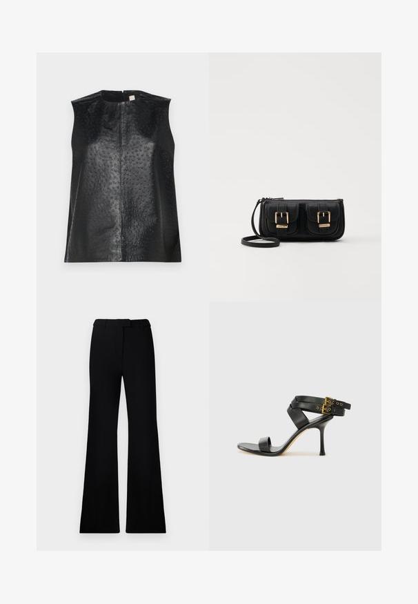 Sorte skinn uten ermer med en glatt finish og prikket tekstur. Har rund halslinning og en senter bak glidelås.; Sorte vide bukser med jevn tekstur, skreddersydd linning og frontlommer, designet med en slank, moderne silhuett.; Svarte hælsandaler med kryssende stropper og justerbar spenne. Har en jevn tekstur og avsmalnende stilettoklakk.; Svart skinn crossbody veske med to frontlommer, gyldne spenner, glidelåslukking og en slank stropp. Teksturert overflate og kompakt rektangulær form.