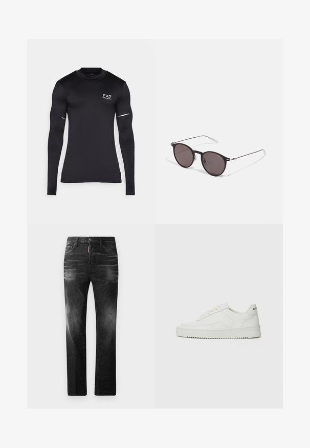 Čierne tréningové tričko s dlhým rukávom vyrobené z elastickej syntetickej látky. Obsahuje logo EA7, textúrované akcenty na rukávoch a reflexné detaily.; Čierne denimové džínsy so štandardným strihom. Obsahujú vyblednuté oblasti, drobné opotrebenie, klasický dizajn s piatimi vreckami a zapínanie na gombík.; Biele kožené tenisky s hladkým povrchom, okrúly špičkový dizajn, ploché šnúrky a textúrovaná podrážka. Obsahujú jemné logo na päte.; Čierne okrúhle slnečné okuliare s tmavými sklami a tenkými kovovými ramenami. Obsahujú priehľadné konce rámov a strieborné akcenty na pántoch. Minimalistický dizajn.