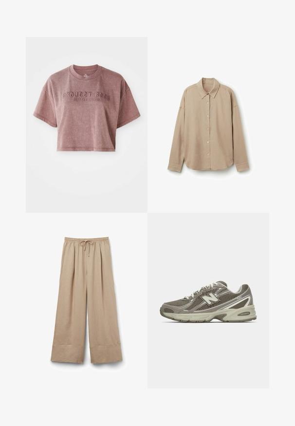 Skórzana koszulka z krótkim rękawem w kolorze przykurzonego różu, wykonana z miękkiego materiału. Posiada wytłoczone napisy "PROJECT ROCK" oraz "STOP FOR NOTHING" z przodu.; Beżowa koszula z długim rękawem, wykonana z lekkiego materiału, posiada kołnierzyk, zapięcie na guziki z przodu oraz okrągły dół. Gładka struktura, luźny krój.; Beżowe spodnie szerokie wykonane z lekkiego materiału. Posiadają elastyczny pas z troczkiem oraz proste nogawki.; Buty sportowe w szaro-beżowej siateczce z fakturowaną powierzchnią, z amortyzowaną podeszwą, białymi sznurówkami i odblaskowymi srebrnymi akcentami.