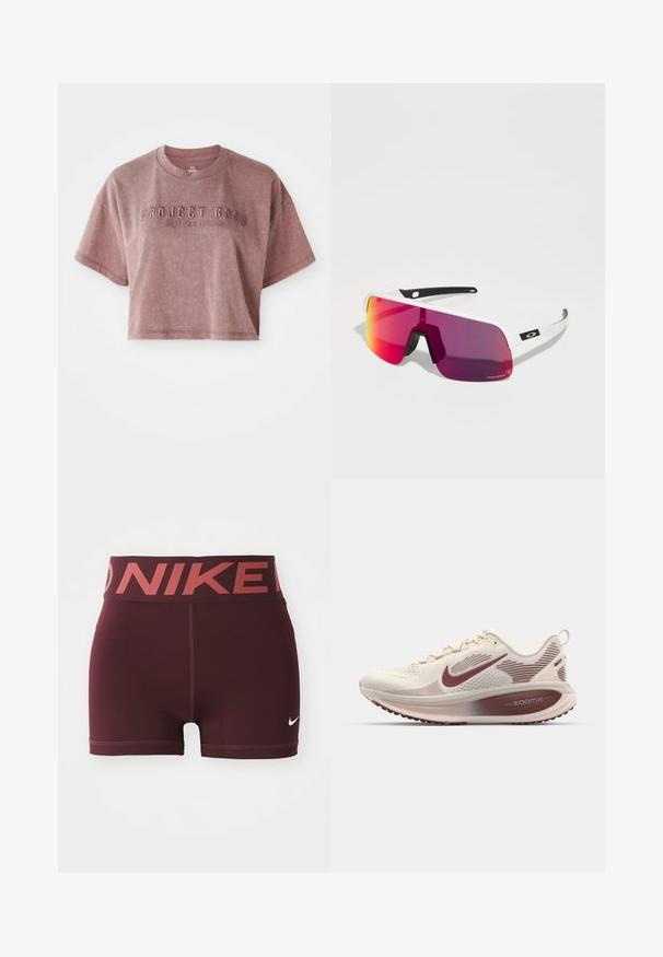 Zkrácený tričko s krátkým rukávem v barvě prašné růže, vyrobené z měkkého materiálu. Na přední straně má embosovaný text "PROJECT ROCK" a "STOP FOR NOTHING".; Burgundské sportovní šortky s širokým pasem, na kterém je bílé logo "NIKE" v kontrastní červené barvě. Vyrobeny z hladkého, elastického materiálu.; Nike Performance VOMERO 18 - Silniční běžecké boty - pale ivory/dark team red/red sepia/silt red/phantom; Sportovní sluneční brýle s bílým rámem, velkými zakřivenými čočkami s fialovým gradientem a černými akcenty. Texturovaný gumový nosník pro lepší uchopení.