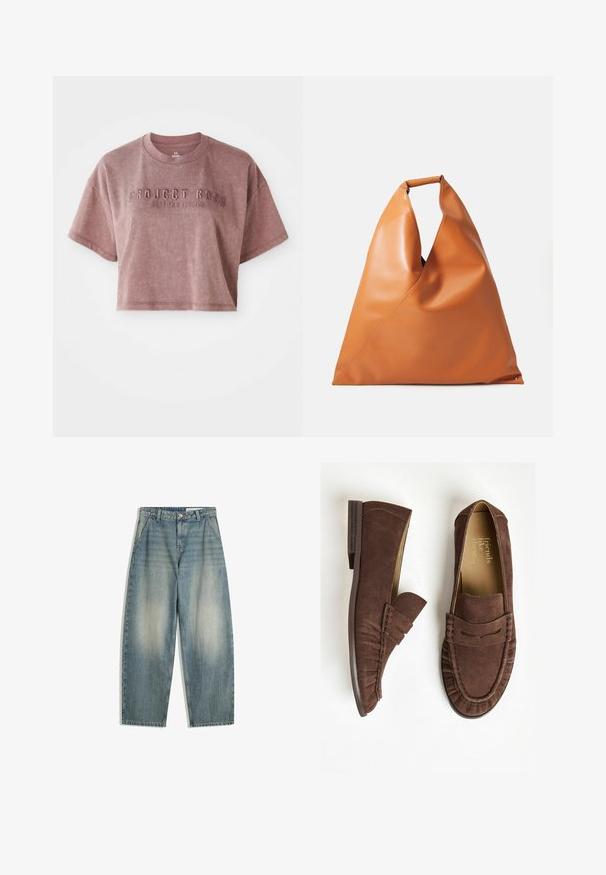 Tricou scurt, cu mâneci scurte, în culoare roz prăfuit, fabricat dintr-un material moale. Prezintă textul embosat "PROJECT ROCK" și "STOP FOR NOTHING" pe față.; Jeans largi, de culoare albastră, cu un efect de decolorare, cu buzunare frontale, bucle pentru curea, fermoar și închidere cu buton, așezați plat pe un fundal alb.; Loafers din microfibra maro, cu toc plat, având un design pliat și accente cusute. Interiorul are o căptușeală de culoare deschisă.; Geantă triunghiulară din piele netedă, moale, cu un maner scurt, rotunjit și o structură lejeră, pe un fundal alb.