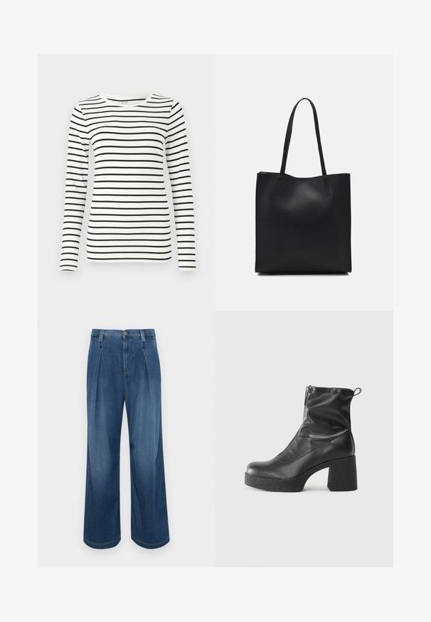 Camisola de manga longa com riscas horizontais pretas e brancas, neckline redonda e textura suave de algodão.; Calças de ganga de perna larga em lavagem azul média. Apresenta um fecho de botão, duas pregas frontais e costura em contraste. Textura suave e acabamento liso.; Botas de tornozelo pretas feitas de couro liso, com fecho lateral, salto grosso texturizado e design de bico arredondado.; Bolsa tote preta em couro com textura lisa, forma retangular e duas alças longas. Sem hardware ou enfeites visíveis.