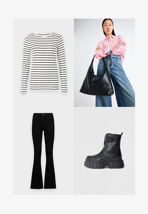 Langärmliges gestreiftes Oberteil mit horizontalen schwarzen und weißen Streifen, Rundhalsausschnitt und glatter Baumwolloberfläche.; Schwarze hochtaillierte Jeans mit einem Knopf- und Reißverschluss, Fronttaschen und ausgestellten Beinen, flach auf einem weißen Hintergrund ausgelegt.; Schwarze Lederknöchelstiefel mit plattem, geriffeltem Absatz und seitlichem Reißverschluss, auf neutralem grauen Hintergrund präsentiert.; Schwarze Leder-Umhängetasche mit einer lässigen Form und Nahtdetails. Das Modell trägt ein pink-weiß gestreiftes Hemd zu weit geschnittenen blauen Jeans.