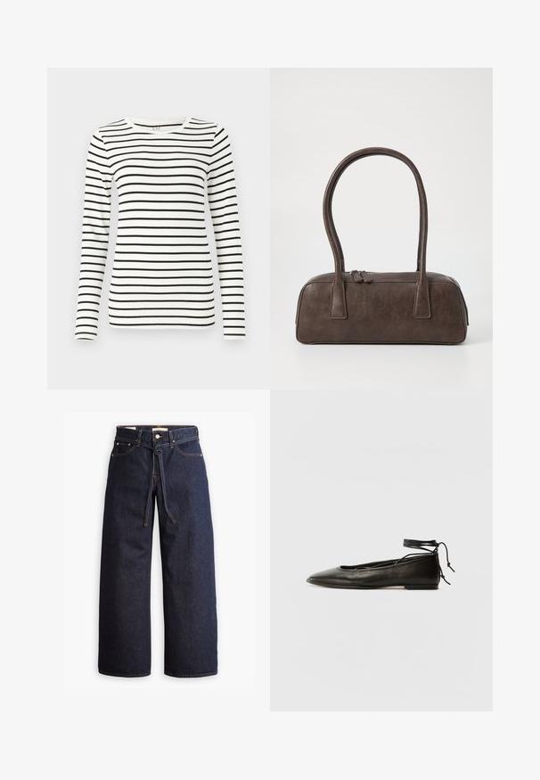 Dlhý rukáv pruhovaný top s horizontálnymi čierno-bielymi pruhmi, okrúhlym výstrihom a hladkou bavlnenou textúrou.; Široké tmavomodré denimové džínsy s vysokým pásom, so šnúrkou na sťahovanie, piatimi vreckami a kontrastným prešívaním.; Čierne kožené baletky s špicatou špičkou, viazaním okolo členka a plochou podrážkou, s hladkou textúrou a minimalistickým dizajnom.; Hnedá kožená kabelka s dvoma pevným uchami, obdĺžnikovým tvarom, hladkým povrchom a zipsovým uzáverom. Minimalistický dizajn bez viditeľných vzorov.