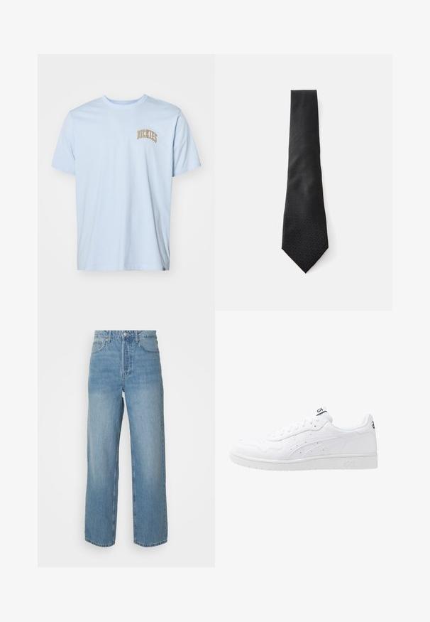 Light blue cotton T-shirt with short sleeves, featuring a small, curved "DICKIES" logo in orange on the front. Regular fit.; High-waisted light blue denim jeans with straight legs, front button closure, and five-pocket styling on plain background.; White leather sneakers with a smooth finish, perforated accents, and a textured midsole. Features a logo on the tongue and side stripes.; Black tie with a textured pattern, tapering to a pointed end. Made from a smooth fabric, featuring a subtle design. Dimensions appear standard.