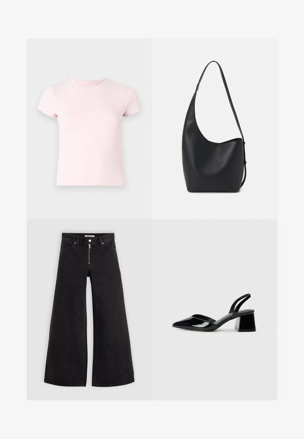 Gaiši rozā īsām piedurknēm T-krekls ar apaļu kakla izgriezumu un gludu tekstūru. Vienkāršs dizains, pieguļoša forma, piemērots ikdienas valkāšanai.; Platas kājas džinsi melnā džinsa audumā ar rāvējslēdzēju priekšā, piecu kabatu dizains un smalkas šuvju detaļas. Gluda tekstūra un ikdienišķs stils.; Melna lakota āda ar atvērto papēdi, ar smailu purngalu un ģeometrisku blokpapēdi. Iezīmējas elegants, minimāls dizains un gluda tekstūra.; Melnas ādas hobo soma ar gludu tekstūru, izliekta forma un vienu regulējamu jostu; augšā ir plaša atvere.
