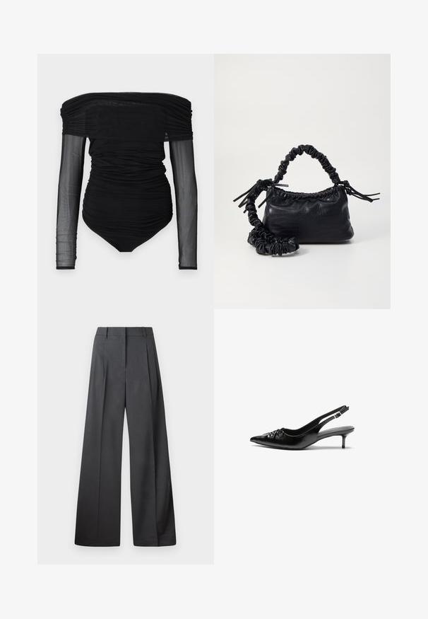 Black bodysuit with off-the-shoulder design, ruched fabric, sheer long sleeves, and a fitted silhouette. Smooth texture with a minimalistic style.; Wide-leg trousers in dark gray fabric, featuring a high waist, single pleats, and a smooth texture with a clean finish at the hems.; Black leather slingback heels with a pointed toe, small kitten heel, and a decorative knot detail on the front. Smooth texture throughout.; Black faux leather handbag with a crocodile texture, cinched top, and a scrunched strap. Appears soft and compact in design.