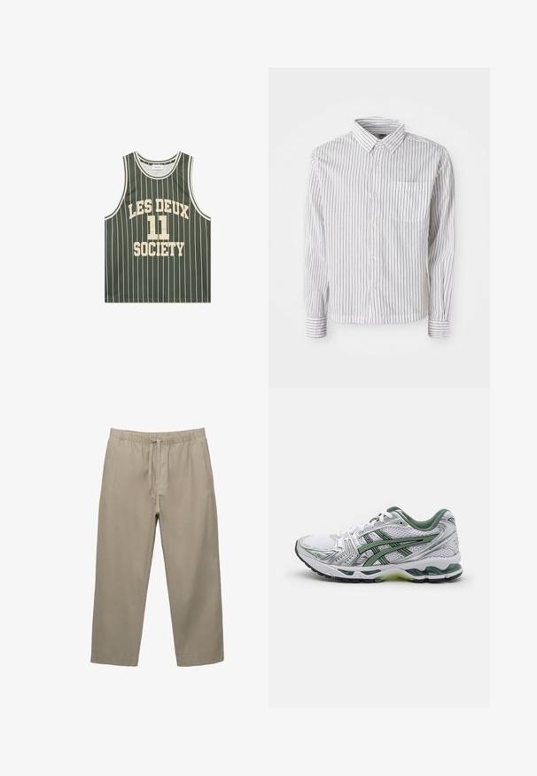 Maiou de baschet verde ușor, cu dungi verticale albe, având inscripția "LES DEUX 11 SOCIETY" imprimată pe față cu litere îndrăznețe.; Cămașă albă cu mâneci lungi, cu nasturi, având dungi verticale negre și un buzunar pe pieptul stâng, așezată pe o fundal alb.; Pantaloni din bumbac bej cu talie elastică și șnur ajustabil. Design cu picior drept, dotat cu buzunare laterale și textură netedă.; Pantof din neopren alb cu accente argintii, guler din plasă verde și dungi verzi. Are o parte superioară din plasă texturată și o talpă căptușită.