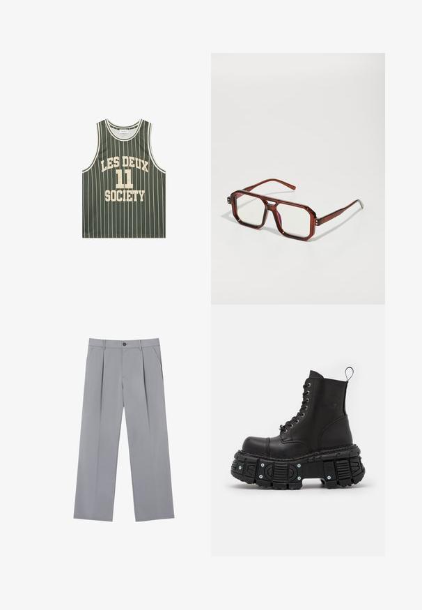Lightweight green basketball tank top with white vertical stripes, featuring "LES DEUX 11 SOCIETY" printed on the front in bold lettering.; Gray pleated trousers with a relaxed fit, made from a lightweight fabric. Features front pockets and a button closure at the waist.; Black leather combat boots with a high shaft, lace closure, chunky rubber sole, and metal accents on the sole's base.; Brown transparent oversized glasses with rectangular lenses and slender arms. Angled, slightly rounded corners and visible hardware accents.