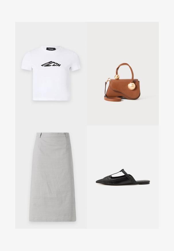 White short-sleeve t-shirt made of cotton, featuring a black logo print across the front. Classic crew neck design with a fitted shape.; Gray pencil skirt with a smooth texture, fitted shape, and a flat waistband, featuring side seams and no visible patterns or accents.; Black leather slingback shoe with a pointed toe, featuring a woven accent and pleated upper design. Flat sole with minimal hardware.; Brown leather handbag with a wavy design, featuring two circular gold accents and a detachable shoulder strap for versatile carrying.