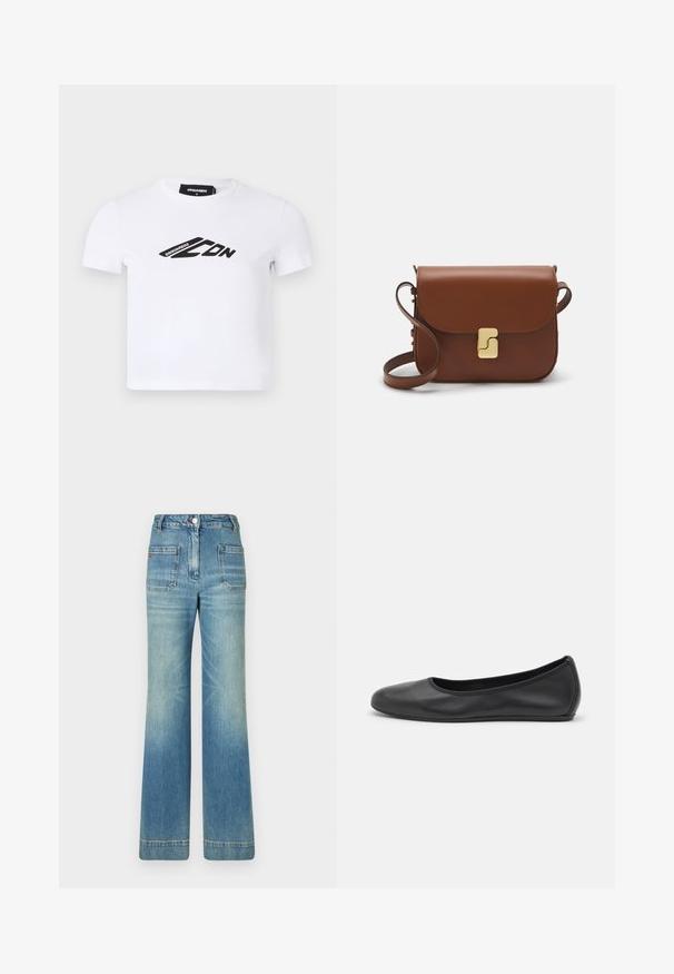 Weißes T-Shirt mit kurzen Ärmeln aus Baumwolle, das einen schwarzen Logodruck auf der Vorderseite aufweist. Klassisches Rundhalsdesign mit figurbetonter Passform.; Helle blaue, ausgestellt geschnittene Jeans aus Denim mit fünf Taschen, Gürtelschlaufen, Knopfverschluss und einer leicht verblassten Textur, die ein rotes Logodetail auf der Rückseite aufweist.; Schwarze Leder-Ballettschuhe mit abgerundeter Spitze, glatter Textur, minimalen Nähdetails und einem flexiblen Sohlen-Design.; Braune Ledertasche mit Klappenverschluss, Beschlägen in Goldfarbe, einem Schultergurt und einer glatten Oberfläche. Kompakte rechteckige Form.