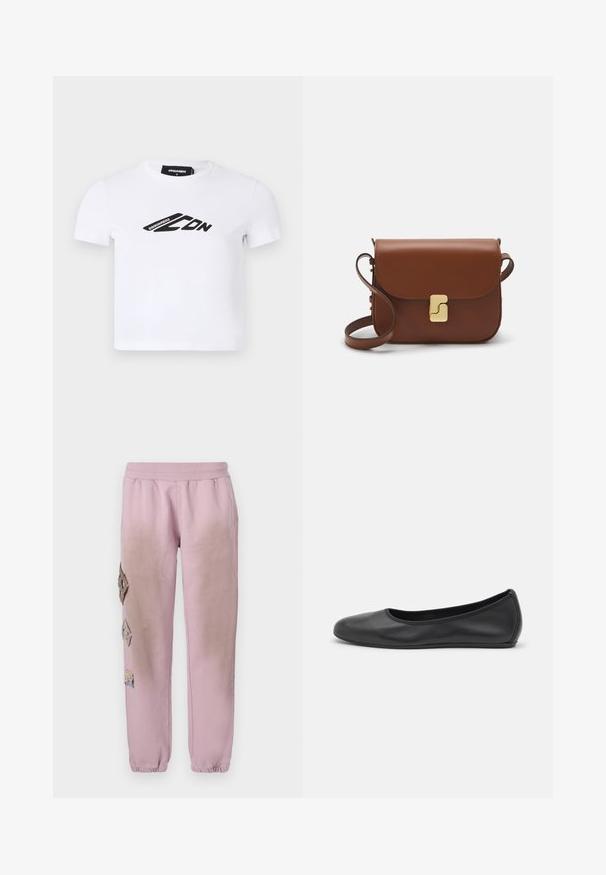 White short-sleeve t-shirt made of cotton, featuring a black logo print across the front. Classic crew neck design with a fitted shape.; Pink sweatpants with an elastic waistband, featuring decorative patches in diamond shapes on the left side and elastic cuffs at the ankles.; Black leather ballet flat with a rounded toe, smooth texture, minimal stitching detail, and a flexible sole design.; Brown leather handbag with a flap closure, gold-tone hardware, a shoulder strap, and a smooth texture. Compact rectangular shape.