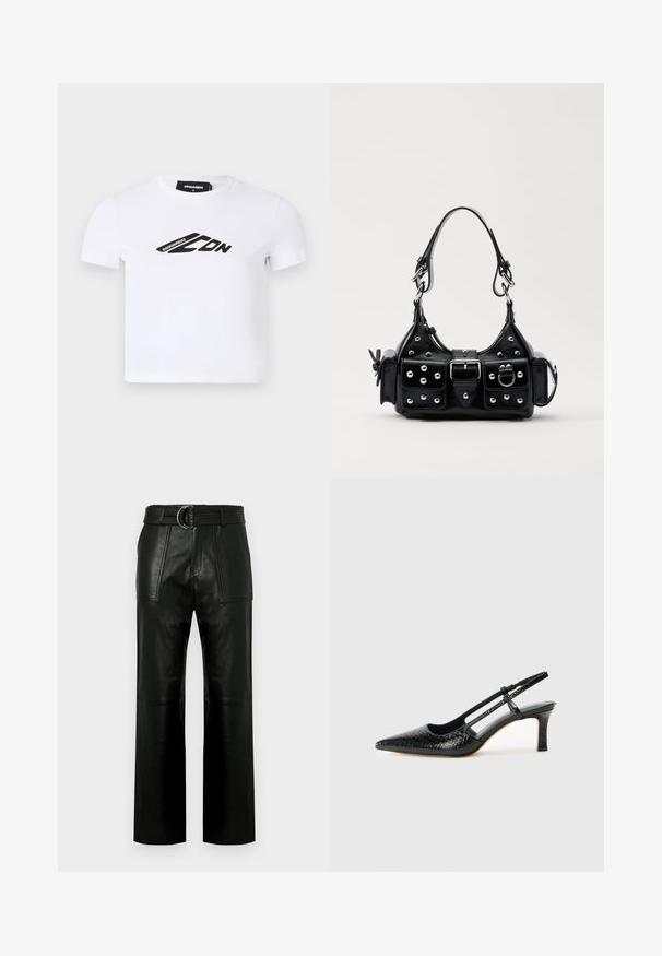 Witte T-shirt met korte mouwen gemaakt van katoen, met een zwart logo-opdruk over de voorkant. Klassiek ontwerp met ronde hals en een aansluitende pasvorm.; Hoge taille zwarte leren broeken met brede pijpen, grote voorzakken en een bijpassende riem met dubbelringgesp.; Zwart patent slingback hak met een spitse neus, voorzien van een gestructureerde slangenprint, verstelbare band en een korte, gestructureerde blokhak.; Zwarte lederen handtas met een gebogen ontwerp, voorzien van zilveren studs, een gesp en twee zijvakken. Verstelbare schouderband voor verschillende draagmogelijkheden.