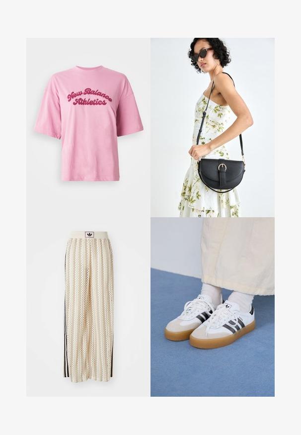 Roza kratka majica s kratkimi rokavi in okroglim ovratnikom, na kateri se na belem ozadju v debelem rdečem pisanju nahaja napis "New Balance Athletics".; Hlače širokega kroja kremne barve z zigzag vzorcem, opremljene z črnim logotipom na pasu in stranskimi črnimi črtami. Lahka, teksturirana tkanina.; Bele tene škornje s črnimi črtami in bež usnjenimi detajli. Imajo teksturirano gumijasto podplat in ravne bele vezalke, nosijo se z svetlimi nogavicami.; Črna usnjena torbica s ukrivljeno obliko, z odstranljivo naramnico in zlatimi dodatki. Torbica ima pokrov s podrobnostmi v obliki zaponke.