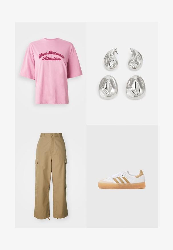 Růžové tričko s krátkým rukávem a kulatým výstřihem s nápisem "New Balance Athletics" v tučné červené kurzívě na hrudi na bílém pozadí.; Béžové cargo kalhoty s vysokým pasem, širokými nohavicemi a čtyřmi velkými bočními kapsami. Vyrobené z odolné tkaniny s hladkým povrchem a minimálními detaily.; Bílé tenisky s béžovými akcenty, obsahující tři pruhy, zaoblenou špičku a průhlednou gumovou podrážku. Hladká kůže a textilní materiály.; Stříbrné náušnice s dvěma tvary slzy a dvěma zakulacenými tvary, všechny s lesklým, reflexním povrchem a hladkou texturou.