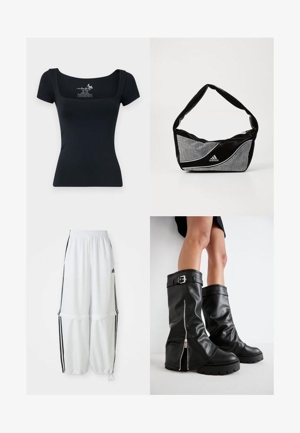 Black fitted t-shirt with short sleeves and a square neckline. Made of smooth, stretchy fabric. Features printed label inside neckline.; White athletic pants with a relaxed fit, elastic waistband, and black side stripes. Features zipper pockets and elastic cuffs at the ankles.; Black leather knee-high boots with a wide shaft, featuring a side zipper and buckle accent, textured finish, and chunky rubber sole.; Black and silver adidas handbag with a smooth texture, featuring a shiny studded pattern and a distinctive curved design.