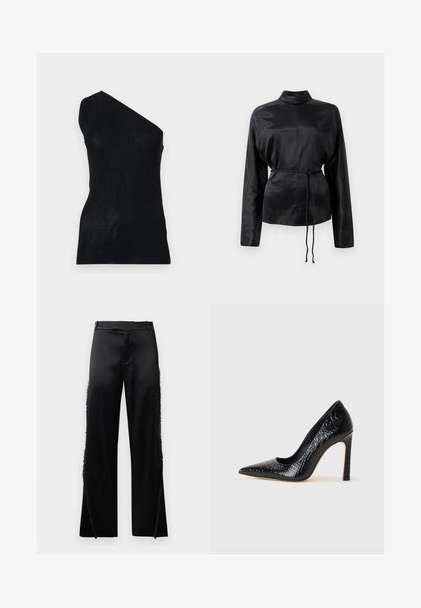 Fekete bordás kötött felső aszimmetrikus, egyvállas kialakítással, testhezálló sziluettel és sima textúrával. Nincsenek további mintázatok vagy díszítések.; Fekete selyem hosszú ujjú ing magas gallérral, megkötött derékkal és állítható zsinóros részletekkel. Simaság jellemzi, elegáns kivitelezéssel.; Fekete selyem nadrág, széles szárakkal, oldalsó varrásain frufru részletekkel és lapos elülső derékrészes. Egyszerű hátul zsebek nélkül.; Fekete hegyes orrú magassarkú cipő krokodilbőr textúrával, letisztult dizájnnal, magas tűsarkú és sima fekete belső résszel.