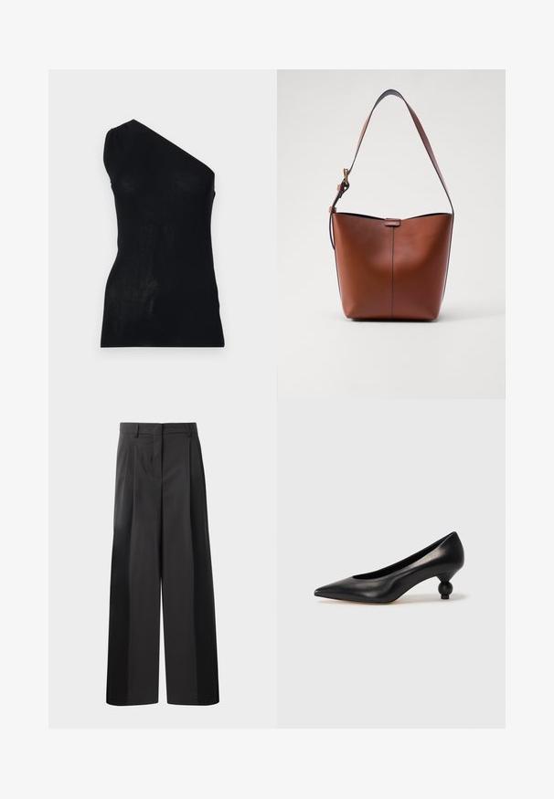 Mustmustriba kootud särk, millel on asümmeetriline ühe õla disain, sobiva silueti ja sileda tekstuuriga. Ilma täiendavate mustrite või aksessuaarideta.; Mustad laiad püksid kõrge vöökohaga, millel on ees voldid, sile tekstuur ja õmmeldud viimistlus. Kujundatud lõdva istuvuse saavutamiseks.; Must musta kõrge kontsaga king, millel on terav nina ja ümar, pallikujuline konts. Sile pind ja elegantne, minimalistlik disain.; Pruun nahast õlakott, millel on kaarjas kuju, sile tekstuur ja üks õhuke rihm. Omab peent õmblust ja väikest logo detaili.