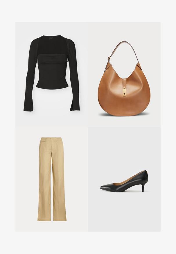 Gina Tricot SOFT TOUCH SQUARE NECK TOP - Camisola de manga comprida - black; Calças largas bege feitas de algodão suave, apresentando uma cintura clássica e um bolso traseiro, com um corte reto e detalhes mínimos.; Sapato de salto alto em pele preta com bico fino, salto baixo e textura suave. Apresenta uma ligeira abertura na parte da frente e mínima ferragem na parte de trás.; Bolsa de couro castanha com uma forma curvada e uma alça larga. Apresenta um detalhe em metal dourado no centro e uma textura suave.