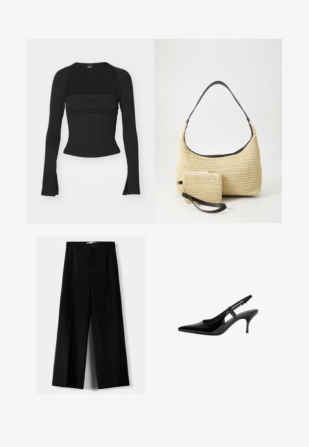 Gina Tricot SOFT TOUCH SQUARE NECK TOP - Longsleeve - black; Zwarte wijde broek van lichtgewicht stof, met een knoopsluiting aan de voorkant en een vlakke achterkant, afgewerkt met keurig gestikte zoom.; Zwarte gepatenteerde leren slingback pump met puntige neus, open zijuitsparingen, slanke hak en verstelbare enkelband.; Geweven strohandtas met een gebogen silhouet, voorzien van een soepele zwarte leren schouderband en een bijpassend klein zakje dat is bevestigd met een polsband.