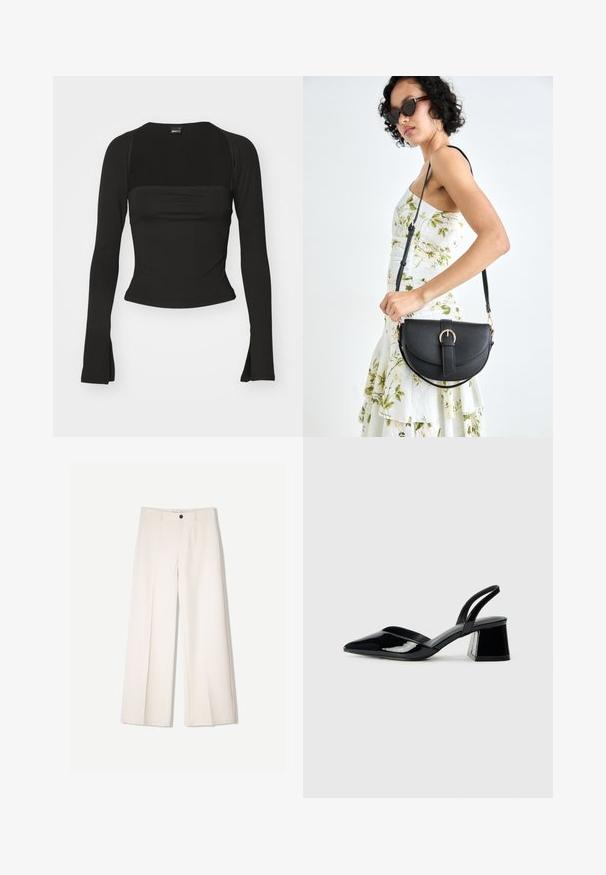 Gina Tricot SOFT TOUCH SQUARE NECK TOP - Top s dlhým rukávom - black; Krémové široké nohavice s nohavicami na mieru, s dvoma prednými vreckami a jedným predným zapínaním na gombík, vyrobené z hladkej tkaniny.; Čierne lakované kožené sandálové podpätky s špicatou špičkou a geometrickým blokovým podpätkom. Disponujú elegantným, minimalistickým dizajnom a hladkým povrchom.; Čierna kožená kabelka s zaobleným tvarom, odnímateľným popruhom a zlatými doplnkami. Kabelka má klopu s detailom s prackou.