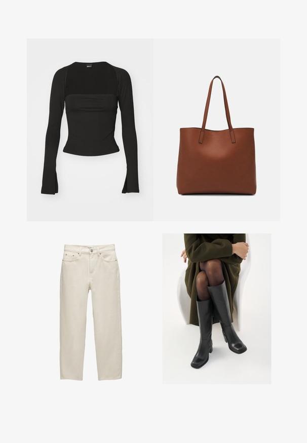 Gina Tricot SOFT TOUCH SQUARE NECK TOP - Top s dlouhým rukávem - black; Bílé džínové kalhoty s uvolněným střihem, rovné nohavice, pět kapes a kovové detaily s jemnou texturou.; Černé kožené boty po kolena s hranatou špičkou a blokovým podpatkem, předvedené na modelce sedící v olivově zeleném kabátu. Hladký povrch, minimalizované detaily.; Hnědá kožená taška přes rameno s hladkou texturou, otevřeným designem a dvěma ramenními popruhy. Obsahuje minimální švy a žádné viditelné kovové prvky.