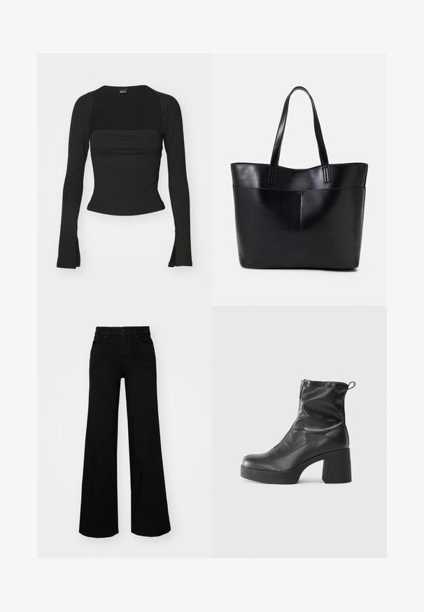 Gina Tricot SOFT TOUCH SQUARE NECK TOP - Ilgarankovis viršutinės dalies drabužis - black; Juodos plačios kelnės iš denimo, turinčios struktūruotą juosmenį, diržo kilpas ir priekines kišenes. Lygus paviršius su klasikinio dizaino elementais.; Juodos kulkšninių botai, pagaminti iš lygaus odos, su šoniniu užtrauktuku, masyviu tekstūruotu kulnu ir apvaliu pirštu.; Juoda odinė rankinė su dviem ilgais diržais, lygiu paviršiumi ir struktūrizuota forma. Yra priekinė kišenė papildomam saugojimui.