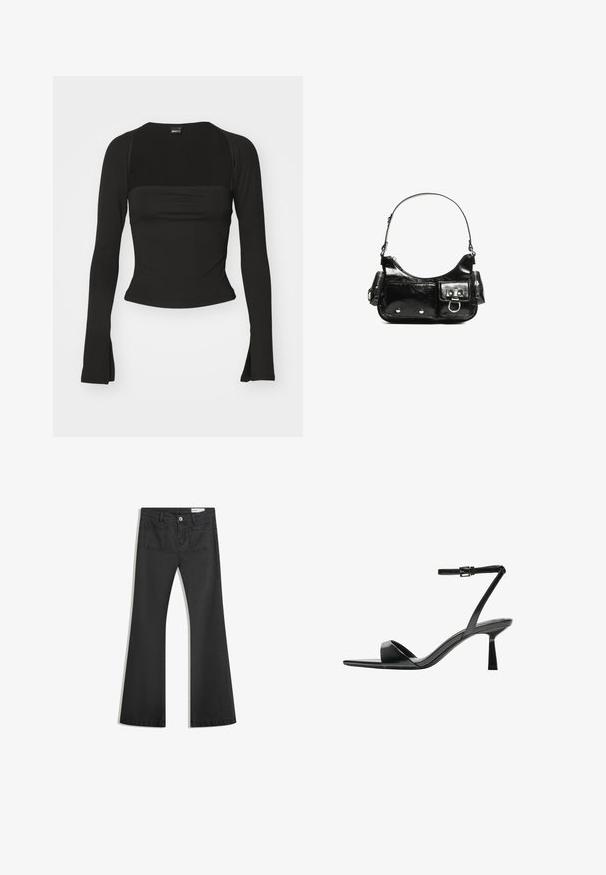 Gina Tricot SOFT TOUCH SQUARE NECK TOP - Top dugih rukava - black; Crne široke traperice od denima s glatkom teksturom, s dva stražnja džepa i kopčanjem na dugme u struku.; Bershka Sandale s visokom petom - black; Crna patentna kožna torba s zakrivljenim oblikom, jednim remenom za rame, prednjim džepovima i akcentima od srebrnog tona.