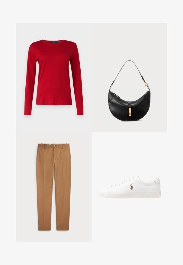 Polo Ralph Lauren LONG SLEEVE - Långärmad tröja - madison red; Bruna bomullshängslen med en slim-fit-design, platt front och standardfickor; mjuk textur och fållade muddar.; Vita lädersneakers, låg design, med en slät yta, rund tå, snörning fram och en liten broderad logotyp på sidan.; Svart läderhandväska i halvmåneform. Har en accent av guldhardware och en smal rem. Slät yta, blixtlåslås upptill.