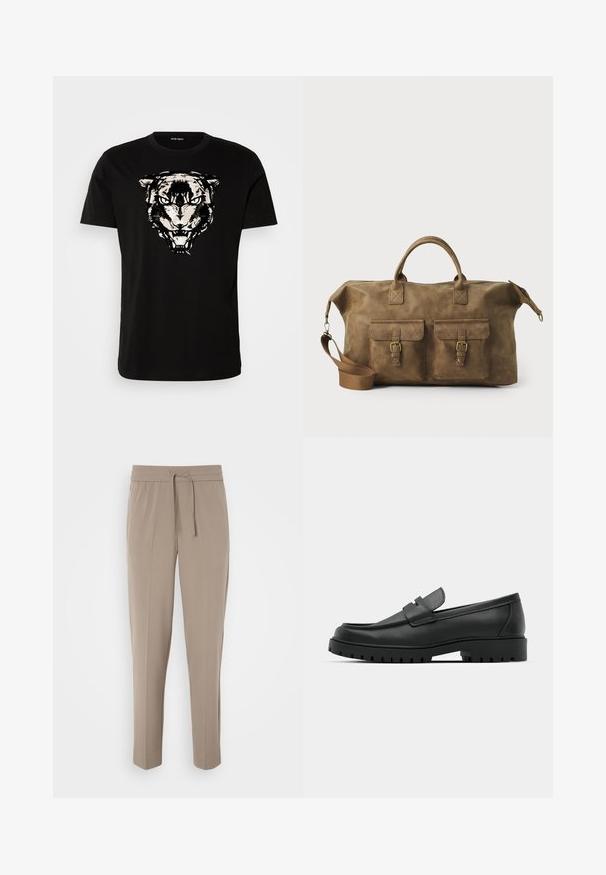 Camiseta de algodão preta com um gráfico da face de um tigre em branco e cinza. Gola redonda, mangas curtas e barra reta.; Calças bege claras com cintura elástica, cordão ajustável e pernas ajustadas. O tecido parece suave com um leve brilho.; Sapatilhas de couro preto com bico arredondado, apresentando um design cosido, sola de plataforma baixa e um solado de borracha texturizado e com cravos.; Mala de viagem em couro castanho com dois bolsos frontais, alça de ombro ajustável, acessórios dourados e alças superiores robustas. Textura suave.