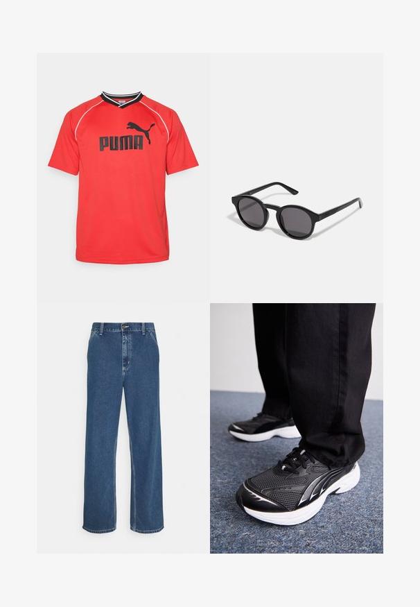 Tricou sportiv roșu cu mânecă scurtă, realizat dintr-un material respirabil. Prezintă logo-ul Puma negru și accente de guler în contras de alb și negru.; Jeans din denim albastru cu o croială dreaptă, design cu cinci buzunare, sistem de închidere cu nasture metalic și cusături vizibile de-a lungul cusăturilor și a tivului.; Pantofi sport negri cu țesătură din plasă, talpă albă și accente negre. Profilul este texturat. Purtați cu pantaloni negri pe o suprafață de carpă albastră.; Ochelari de soare negri cu un cadru rotund, ușor ondulat, lentile întunecate și brațe negre drepte. Finisaj neted, lucios, fără modele vizibile.